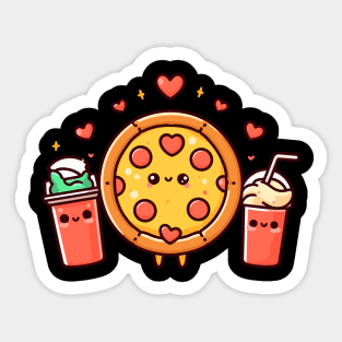 Kawaii Food Art with a Pepperoni Pizza, Cola, and a Milkshake | Kawaii Lovers Gift Sticker